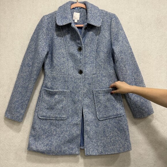 LC Lauren Conrad Coat Womens Small Blue Herringbone Wool Blend Button Front - Picture 5 of 10